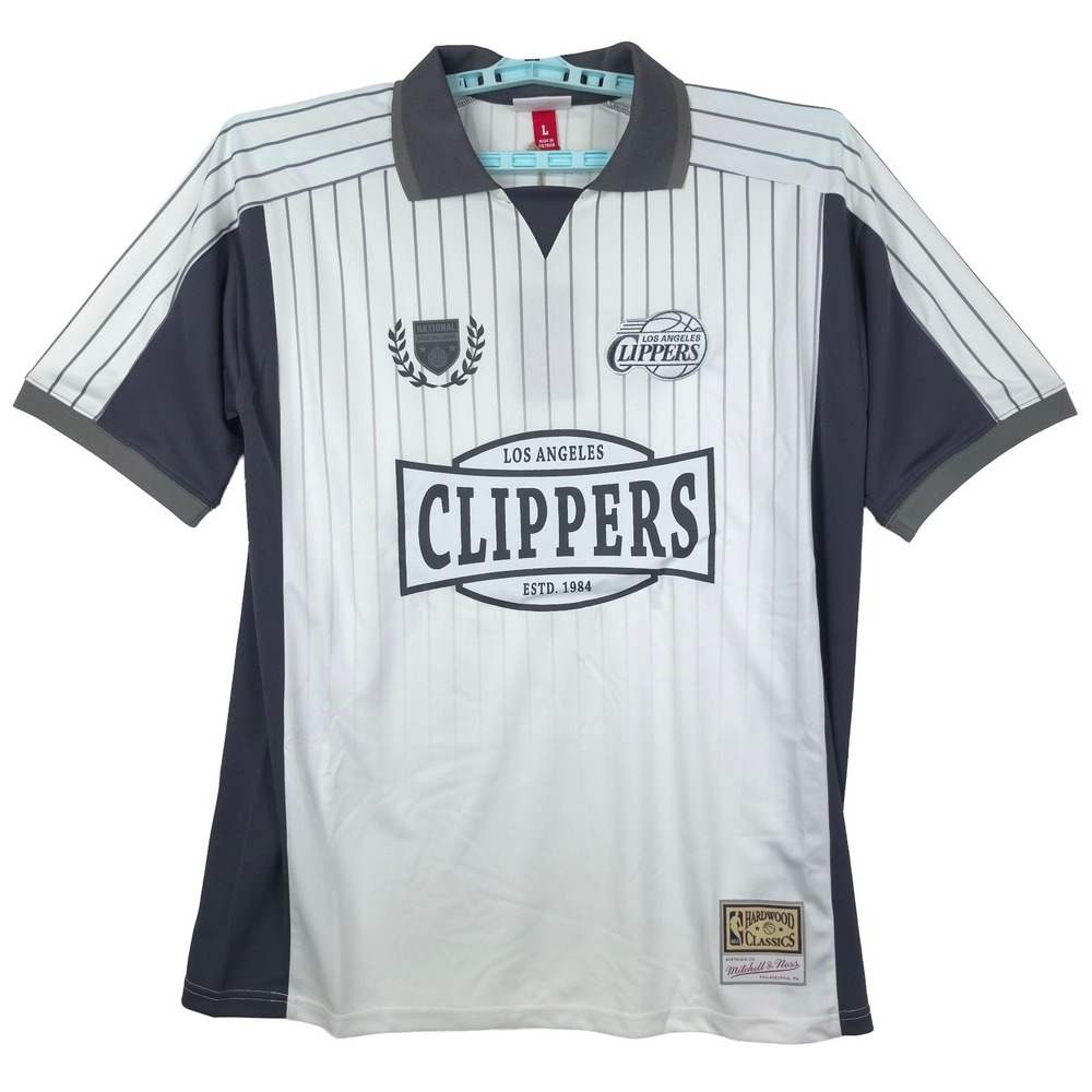 LA Clippers Mitchell & Ness NBA Large Soccer Shirt White Gray Striped Collar NWT